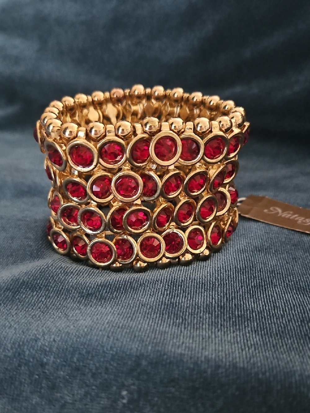 Natasha Couture Gold-Tone Multi-Row Bracelet with Ruby Red Stones